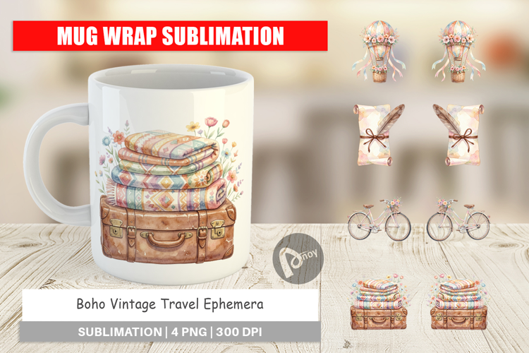 Boho Vintage Travel Ephemera Mug Wrap