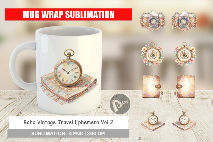 Boho Vintage Travel Ephemera Mug Wrap