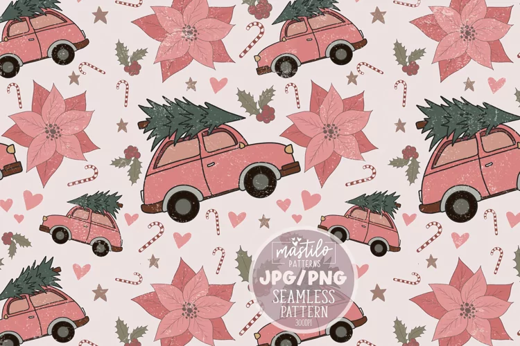 Boho Vintage Truck Christmas Seamless Pattern | Boho Png