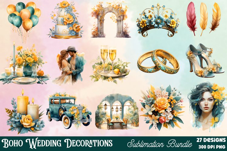 Boho Wedding Decorations Clipart Bundle, Watercolor Clipart