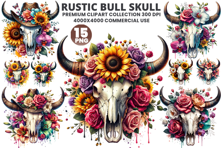 Boho Western Bull Skull Floral Clipart Sublimation Bundle