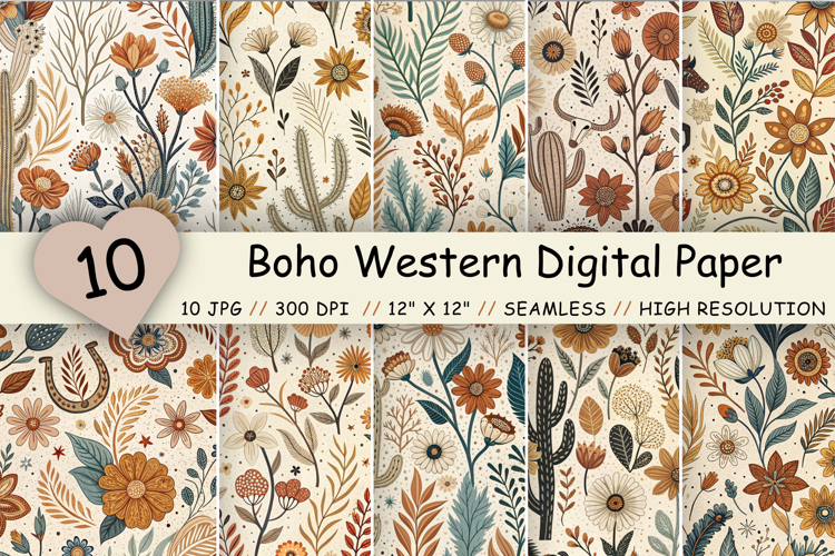 Boho Western Digital Paper Pack, Cowgirl Floral Seamless