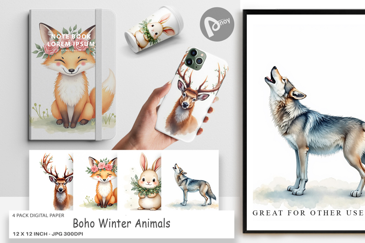 Boho Winter Animals Digital Paper