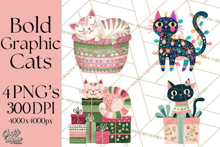 Bold Graphic Christmas Cats PNG, Modern Holiday Clipart