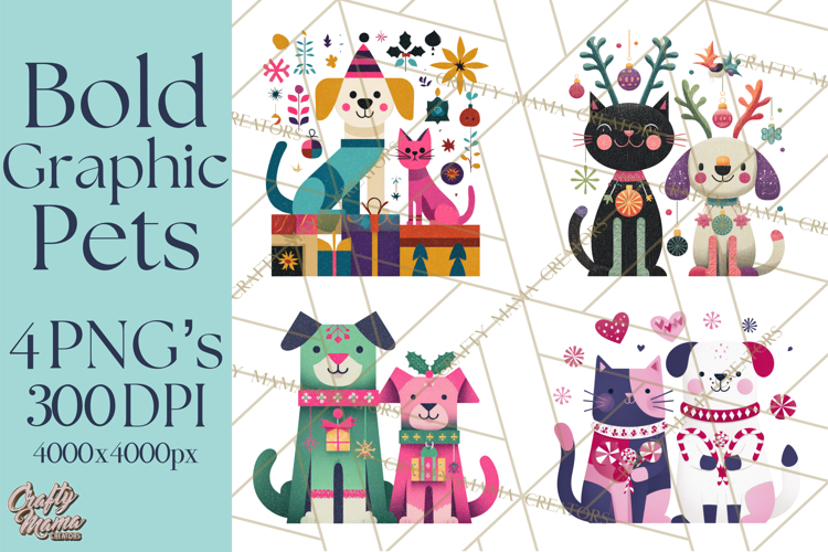 Bold Graphic Christmas Pets PNG, Modern Holiday Clipart