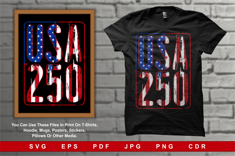 Bold letters spell USA 250 with flag inside