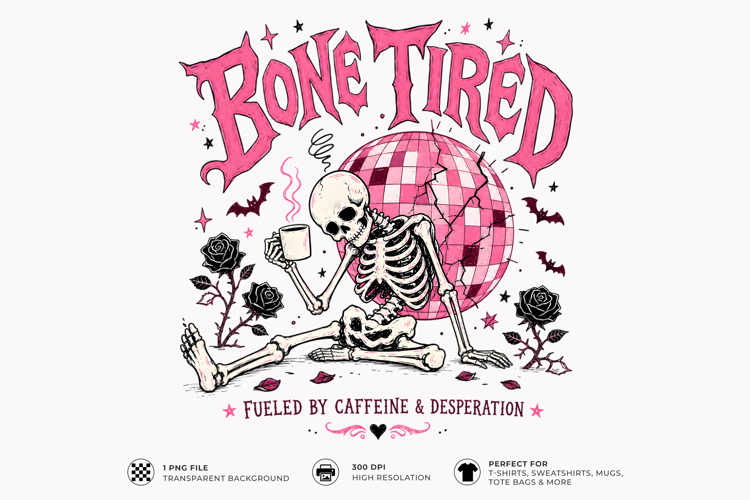 Bone Tired Skeleton Coffee Halloween Sublimation T-Shirt PNG
