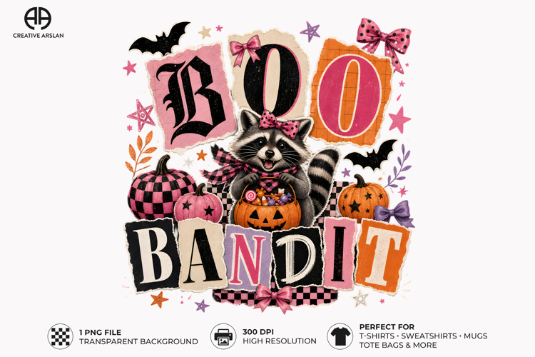 Boo Bandit Cat Clipart PNG - Retro Halloween Shirt Design