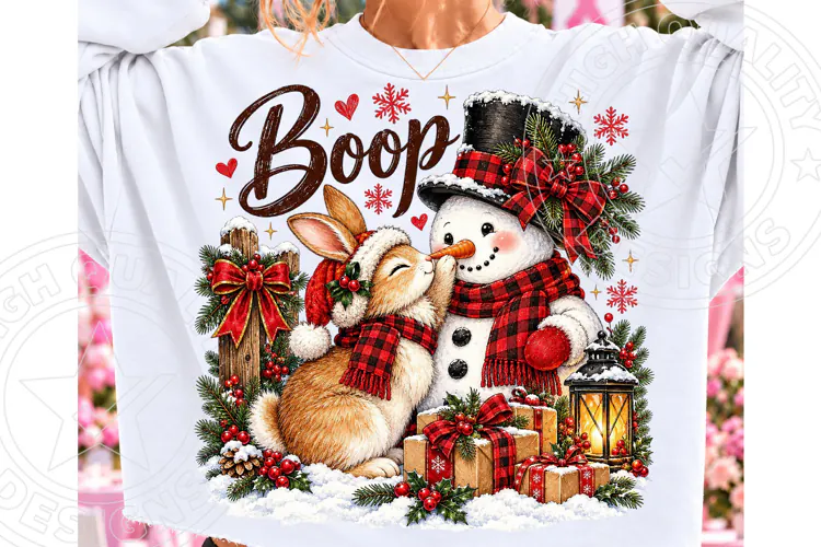 Cute Christmas Bunny Kissing Snowman PNG, Boo Christmas Desi