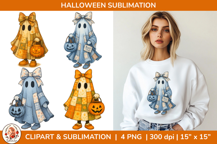 Patchwork Ghost Halloween Sublimation PNG, Spooky