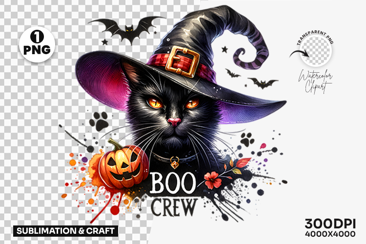 Halloween Boo Crew Black Cat Witch Hat PNG Clipart, Cat PNG