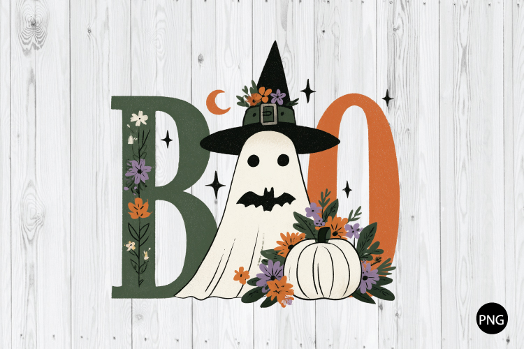 Boo Ghost PNG, Floral Halloween Ghost PNG