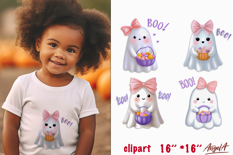 Cute ghost with pink bow, pastel Halloween Boo clipart PNG