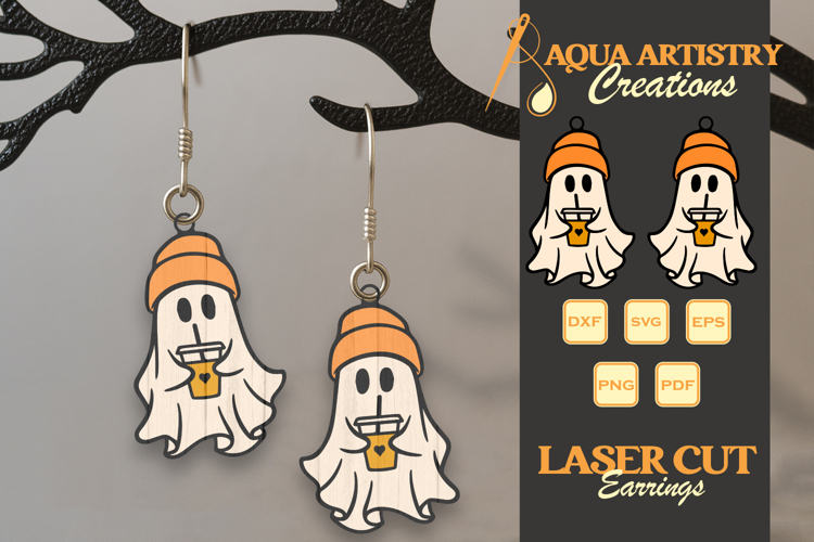 Boo Ghost Drinking Coffee Halloween Earrings Lasercut Design