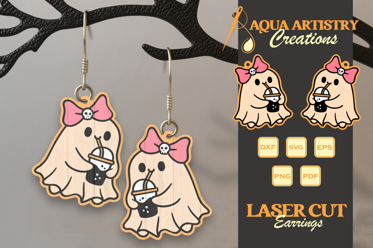 Boo Ghost Drinking Coffee Halloween Earrings Lasercut Design