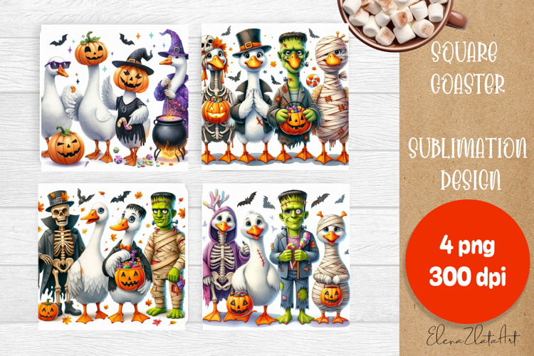 Halloween Postage Stamp Square Coaster, Boo Ghost Goose