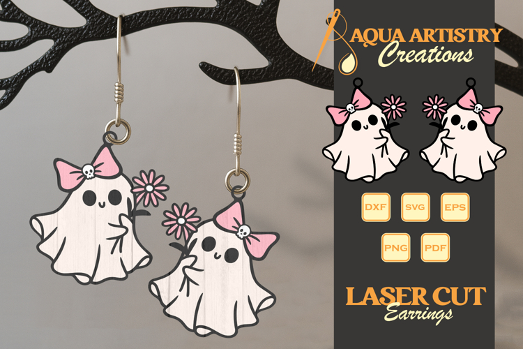 Boo Ghost Holding Flower Halloween Earrings Lasercut Design