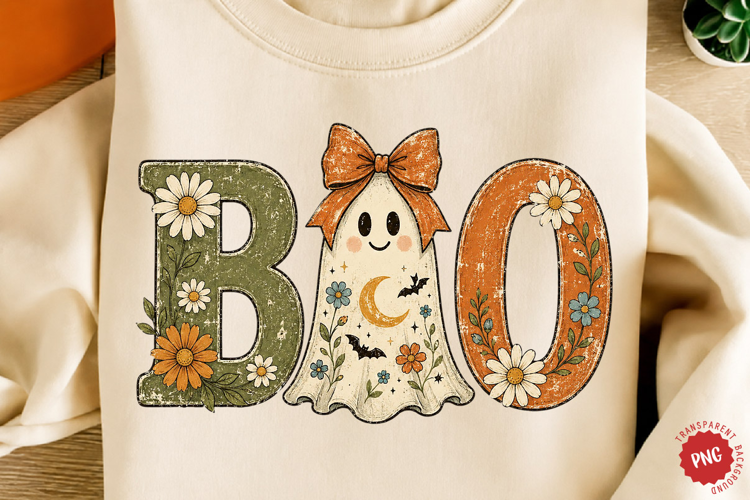 Boo Ghost PNG, Floral Halloween Ghost Design