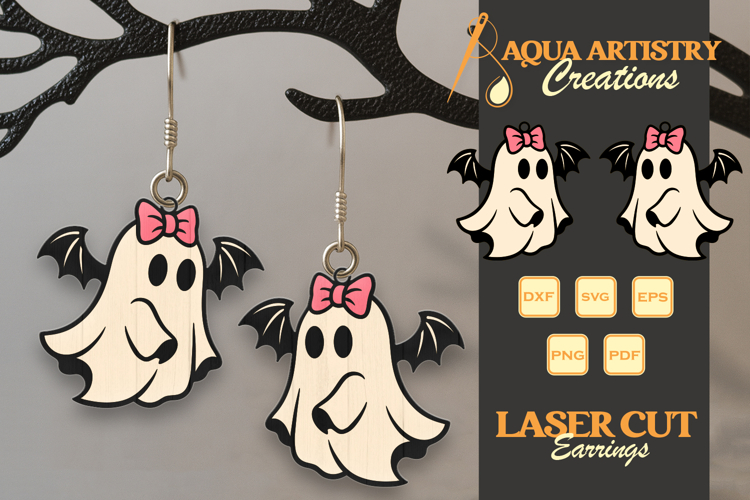 Boo Ghost with Bat Wings Halloween Earrings Lasercut SVG