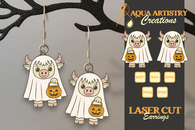 Highland Cow Wearing Boo Costume Halloween Earrings Lasercut