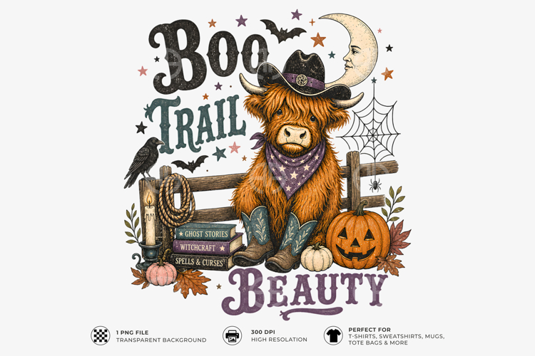 Boo Trail Beauty Highland Cow Halloween PNG T-Shirt Design