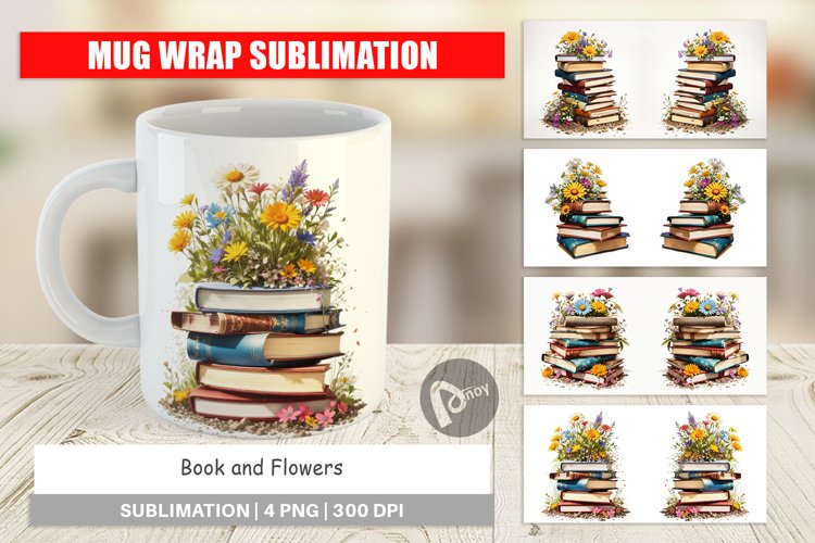 Mug Wrap Design Books and Flowers