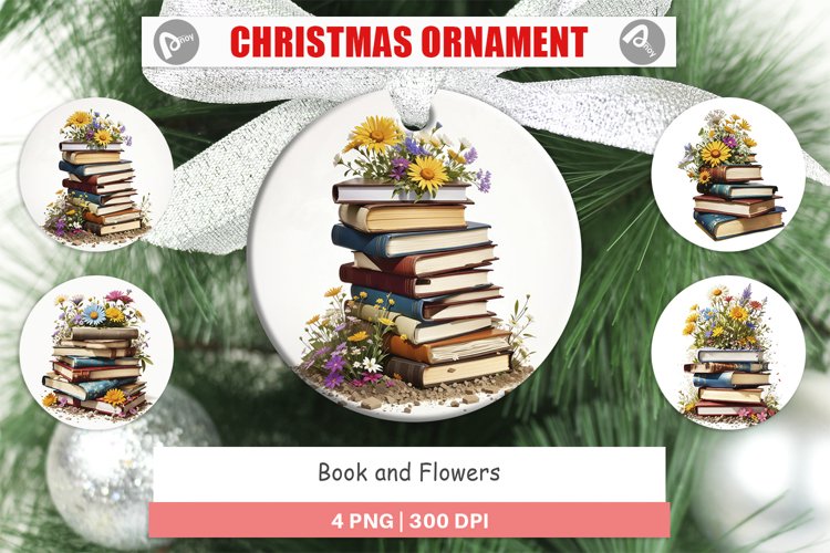 Christmas Ornaments Books and Flowers