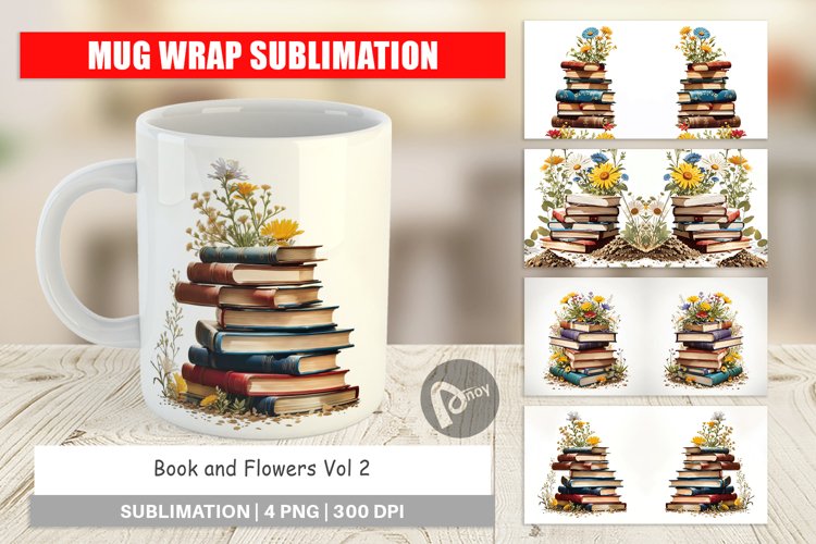 Mug Wrap Design Books and Flowers