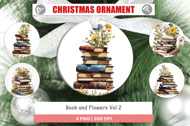 Christmas Ornaments Books and Flowers