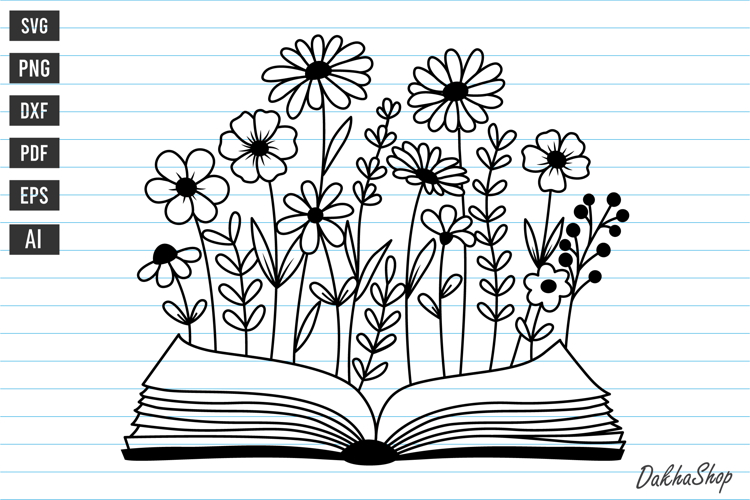 Floral Book Svg, Bookish Svg, Open Book with Flower Svg