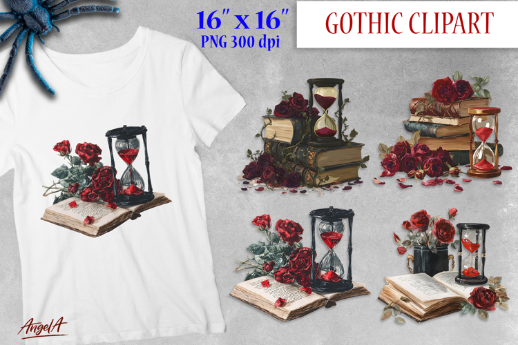 Vintage gothic book clipart, hourglass, books with flowers