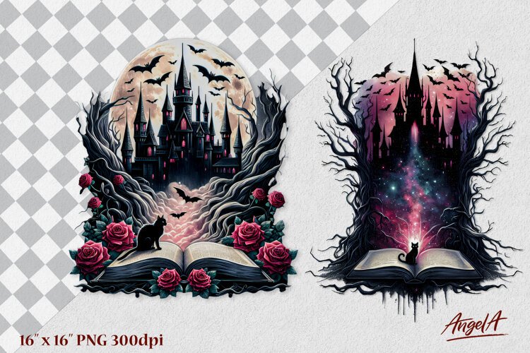 Fairy book lover clipart Open book, medieval castle example image 1