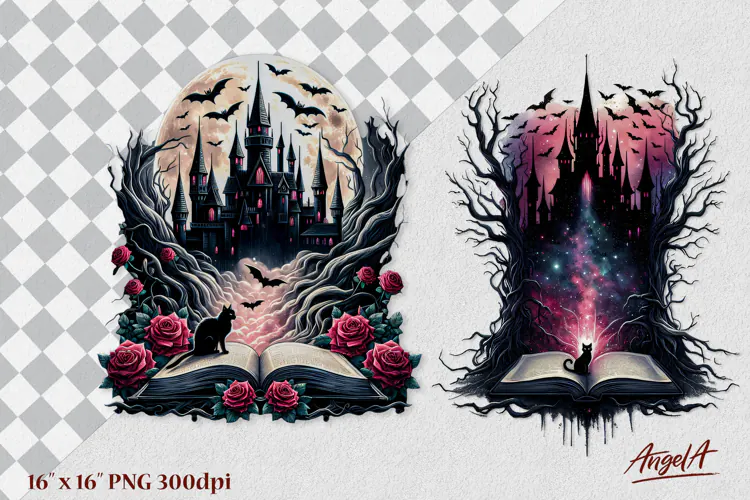 Fairy book lover clipart Open book, medieval castle