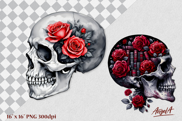 Floral skull clipart , book clipart, skull with roses PNG