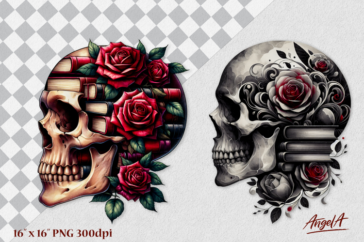 Floral skull clipart, book lover skull and roses PNG