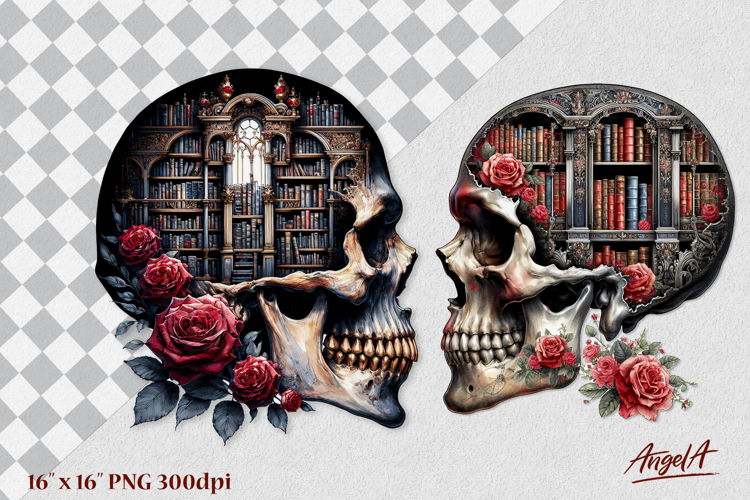 Vintage floral skull clipart , book lover clipart, bookcase