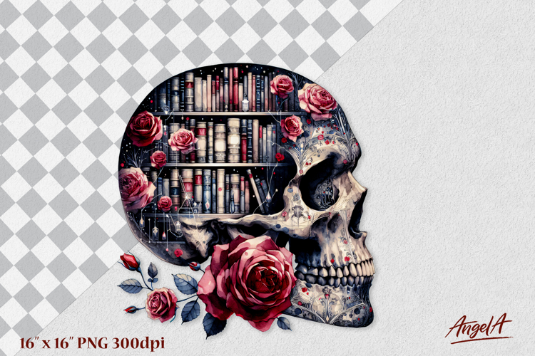 Vintage floral skull clipart bookcase, book lover clipart