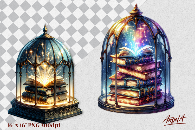 Magical gothic book lover clipart, stack of books, dome png