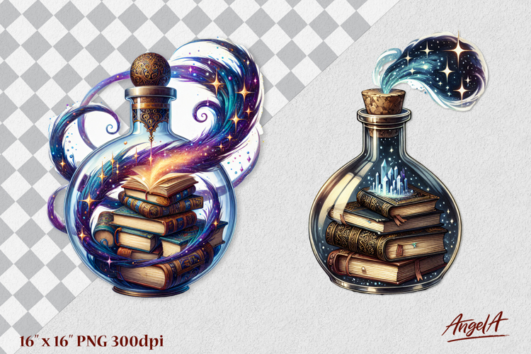 Magical bottle with stack of books, book lover clipart PNG