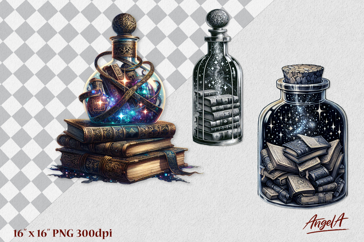 Magical bottle with stack of books, book lover clipart PNG