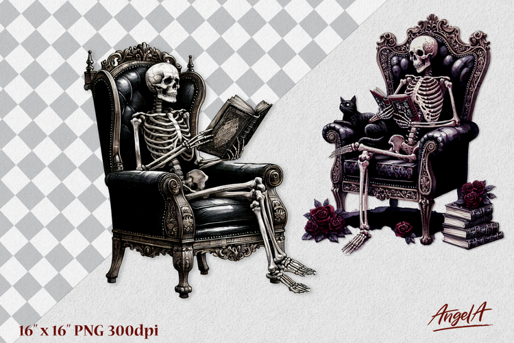Gothic floral book lover clipart, skeleton reading book PNG