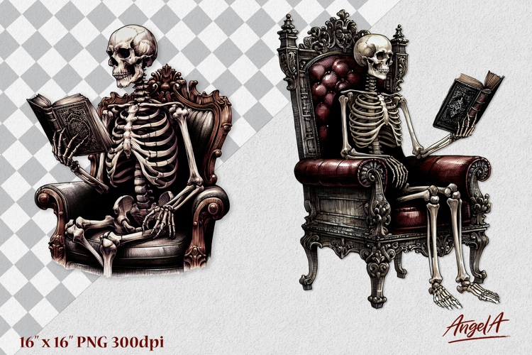 Gothic floral book lover clipart, skeleton reading book PNG