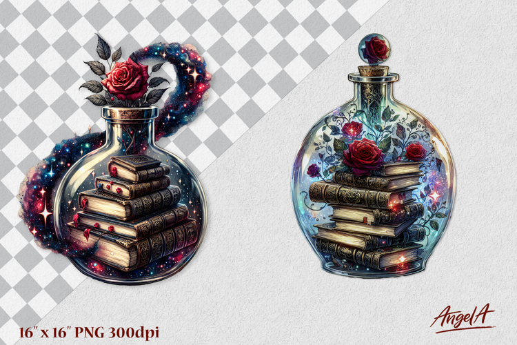 Magical bottle with books, red roses, book lover clipart PNG