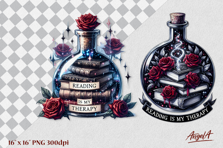 Magical bottle with books clipart reading is my therapy PNG