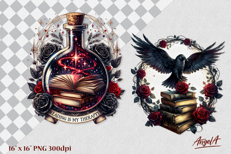 Magical book lover clipart reading is my therapy, Raven PNG