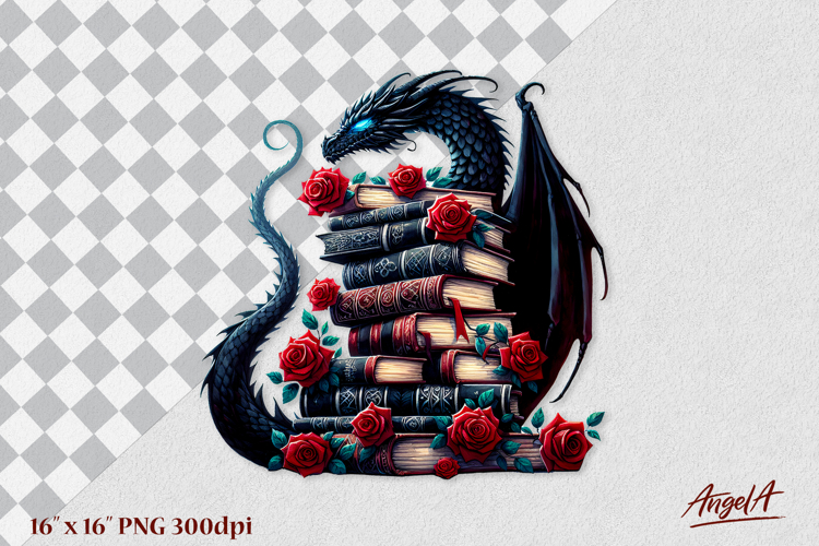 Magical book lover clipart, Black dragon with stack of books