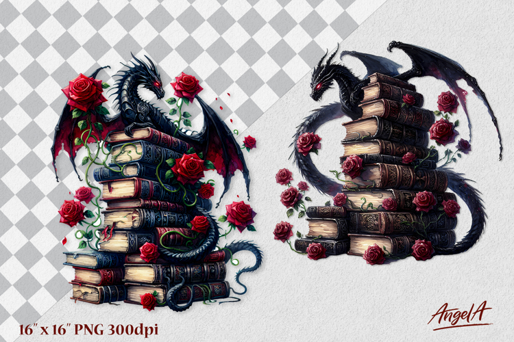 Mystical book lover clipart, Black dragon and stack of books