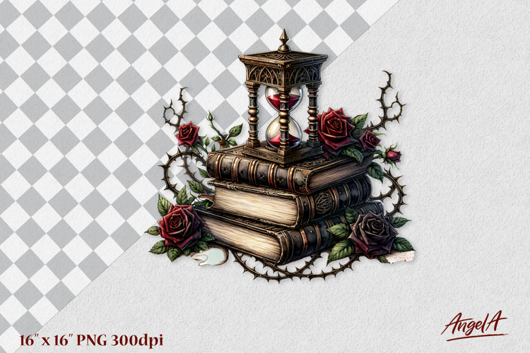 Stack of books vintage with hourglass book lover clipart PNG