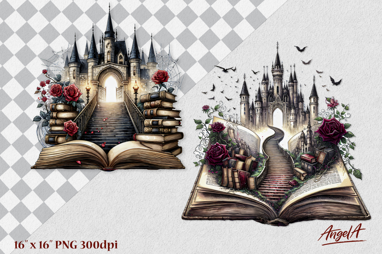 Fairy book lover clipart Open book, medieval castle PNG
