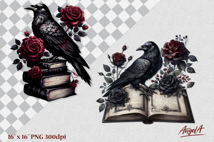 Gothic floral book lover clipart Open book, black raven PNG